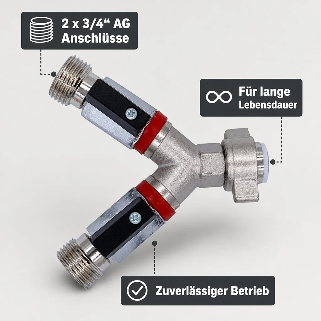 Absperrhahn, Absperrventil 2-leitig, für Druckminderer, Gewindegrößen: 1 x 1/2“ IG und 2 x 1/2“ AG