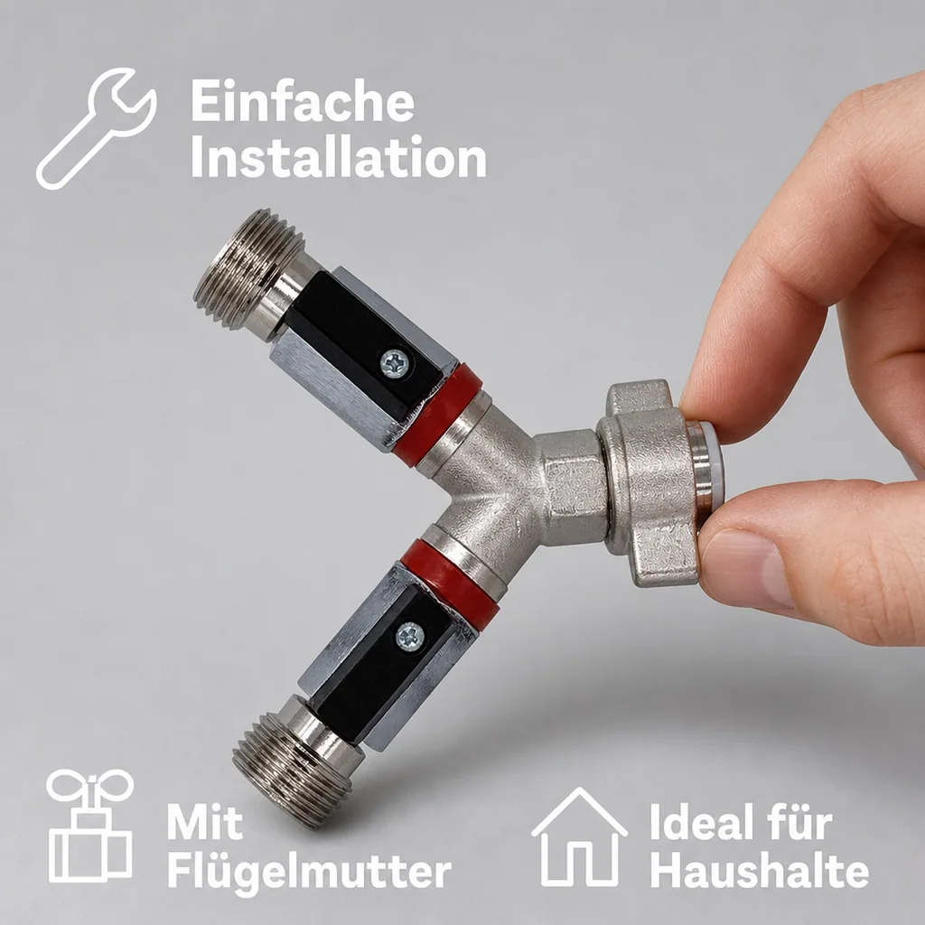 Absperrhahn, Absperrventil 2-leitig, für Druckminderer, Gewindegrößen: 1 x 1/2“ IG und 2 x 1/2“ AG