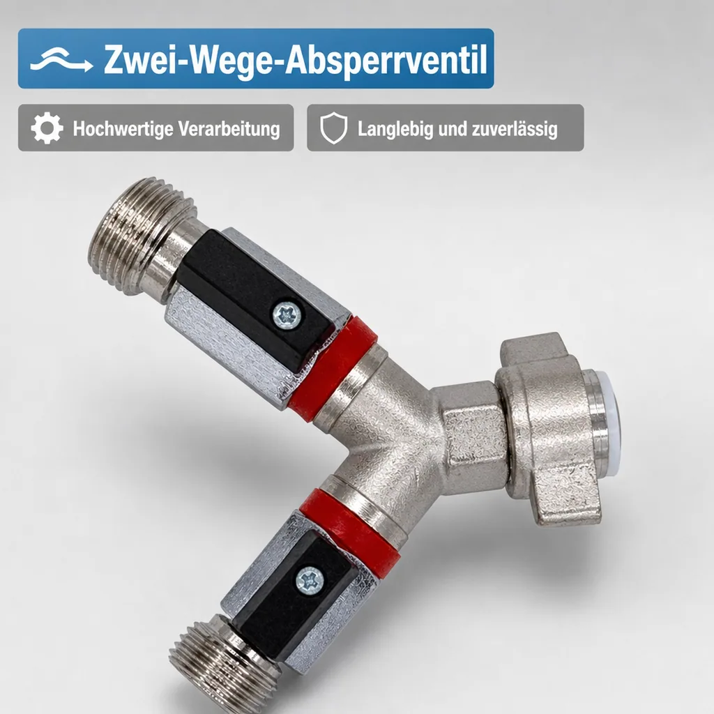 Absperrhahn, Absperrventil 2-leitig, für Druckminderer, Gewindegrößen: 1 x 1/2“ IG und 2 x 1/2“ AG