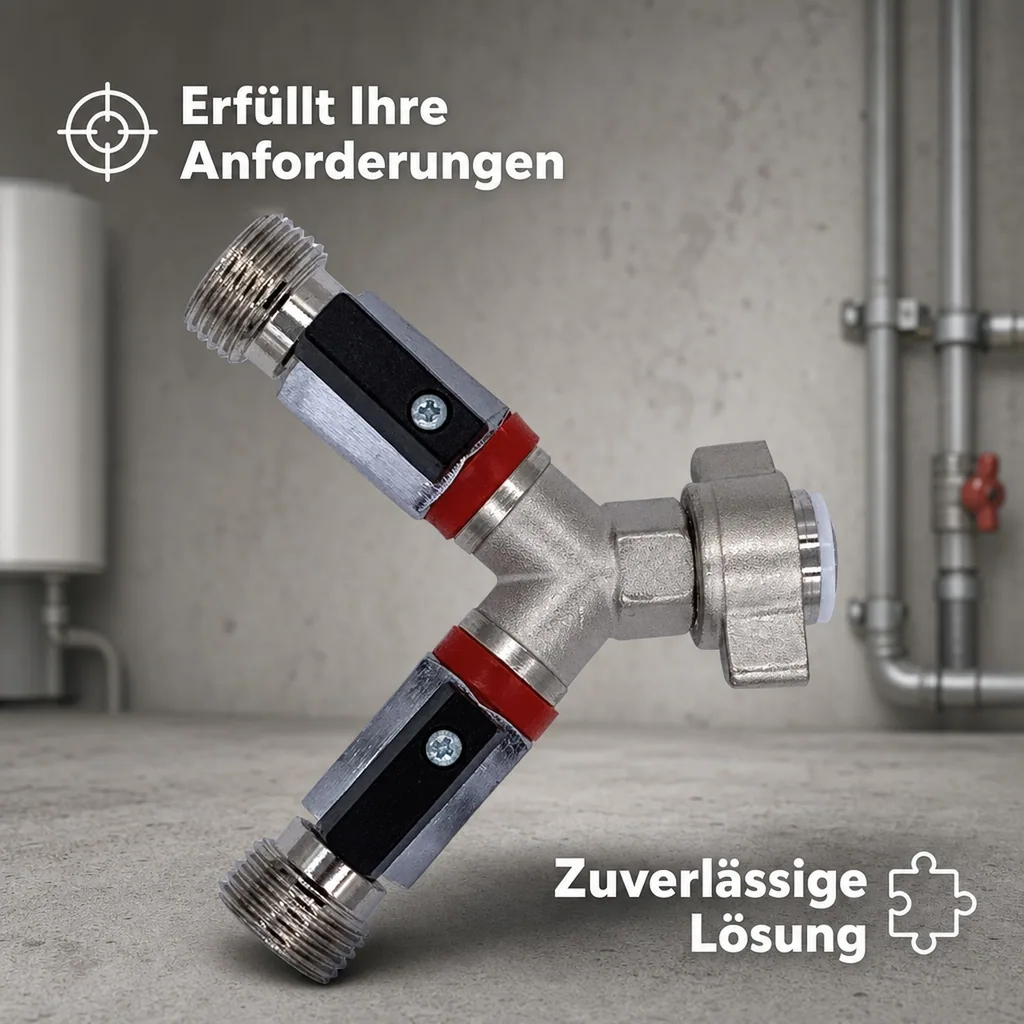 Absperrhahn, Absperrventil 2-leitig, für Druckminderer, Gewindegrößen: 1 x 1/2“ IG und 2 x 1/2“ AG