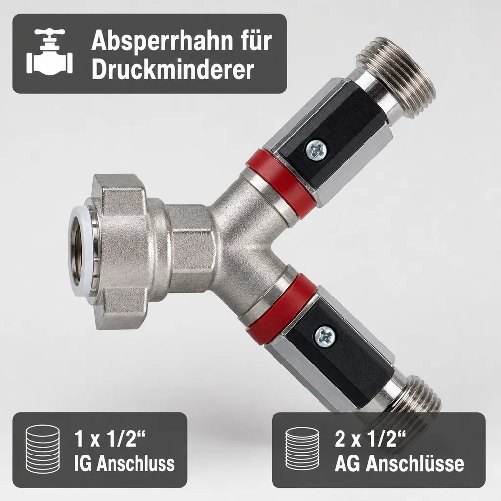 Absperrhahn, Absperrventil 2-leitig, für Druckminderer, Gewindegrößen: 1 x 1/2“ IG und 2 x 1/2“ AG