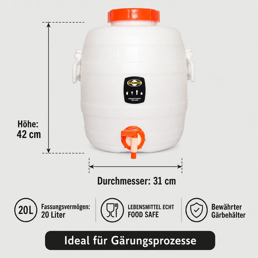 Speidel Gärbehälter, Getränkefass, Mostfass rund, Kunststoff - mit Deckel und Auslaufhahn - 20L