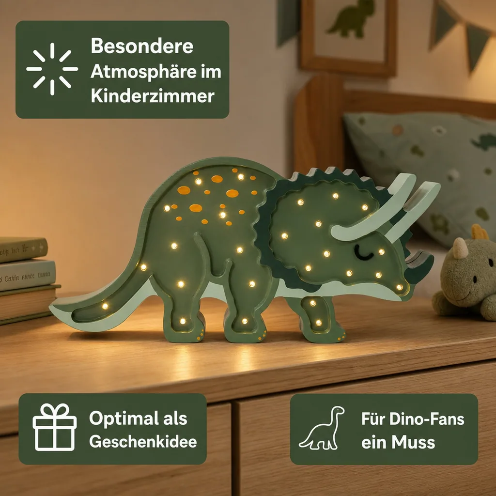 Little Lights Nachtlicht Kinder, Nachtlampe Triceratops-Dinosaurier - 100% Kiefernholz natur, Farbe: Militärgrün