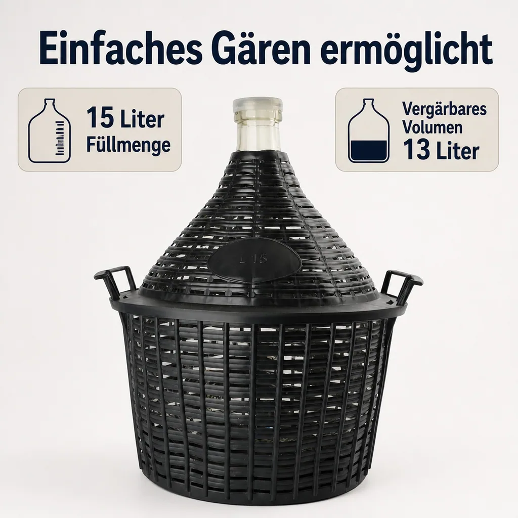 Weinballon, Glasballon, Dame Jeanne im Weidenkorb - 15L, normale Öffnung + Kunststoffstopfen