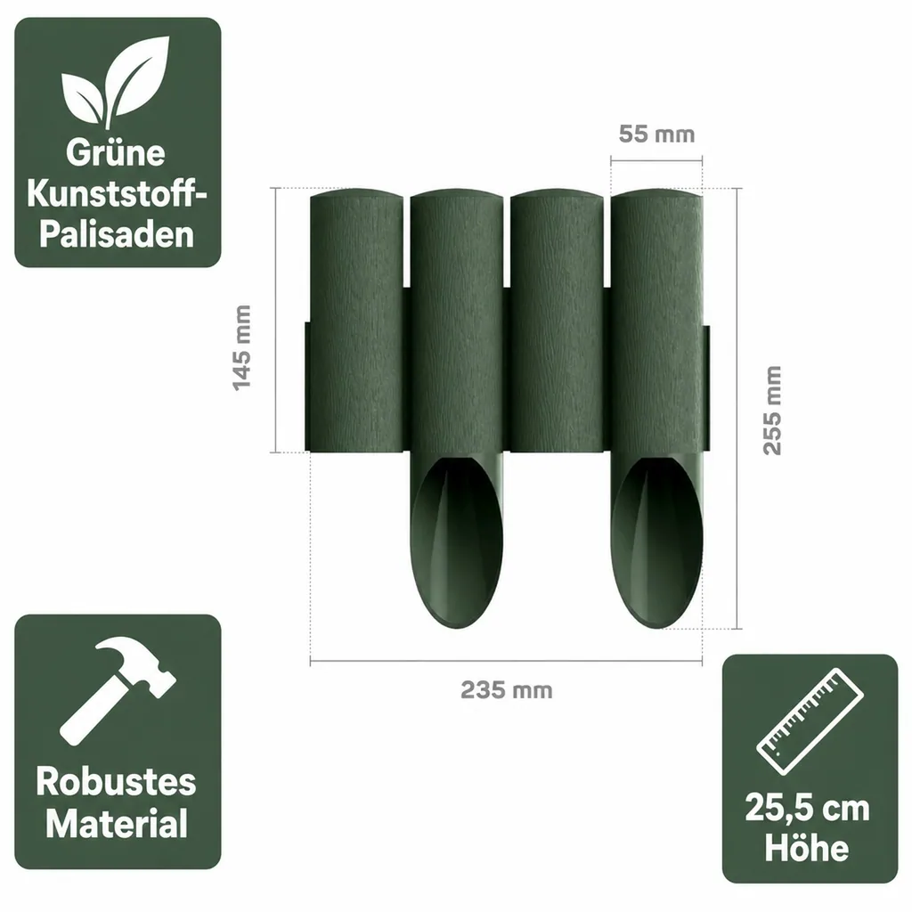 Palisaden aus Kunststoff grun 230cm x 25.5cm | Rasenkanten | Beeteinfassung | Beetumrandung | Beetbegrenzungen