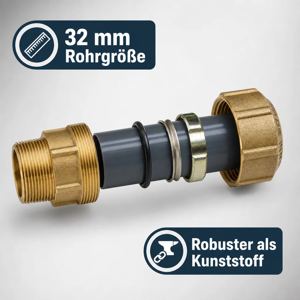 PE Rohr Verschraubung 32mm, Messing, 1 Zoll Innengewinde -