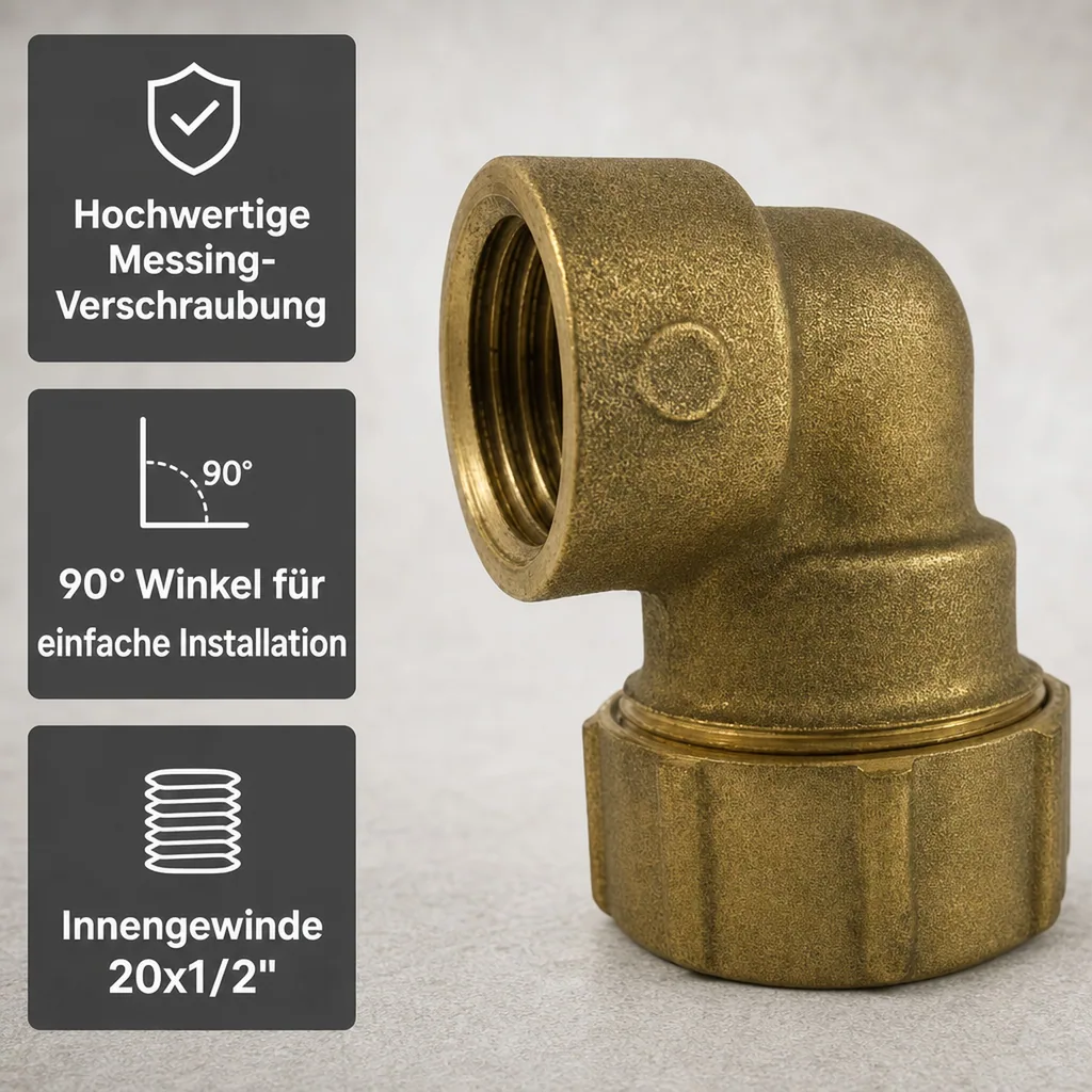 Messing PE Rohr Verschraubung, 90° Winkel, IG 20x1/2"