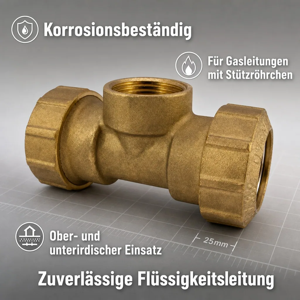 PE Rohr Verschraubung 25mm, Messing T-Stück, Klemmverbinder