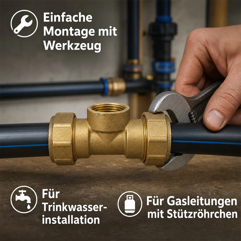 PE Rohr Verschraubung 25mm, Messing T-Stück, Klemmverbinder