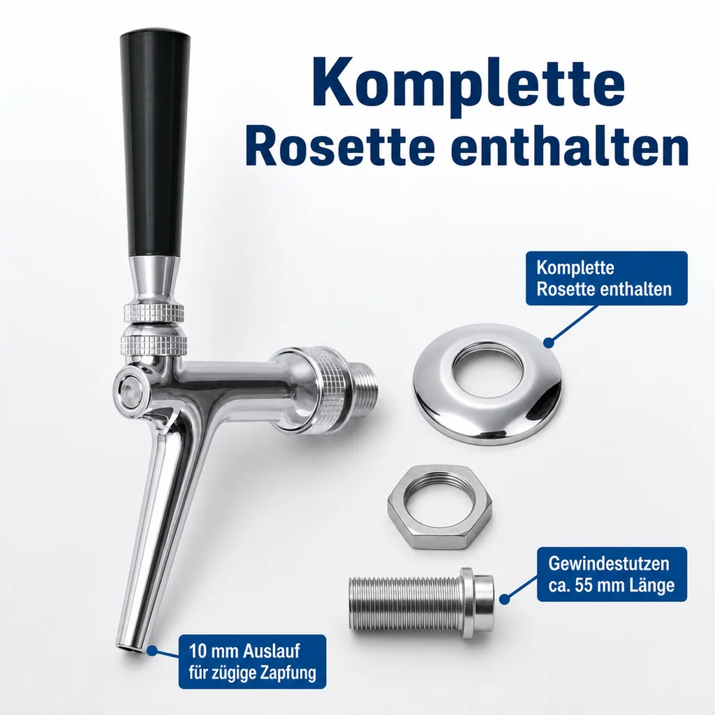 Zapfhahn, Bierzapfhahn, Schankhahn, Kolbenschankhahn aus Chromnickelstahl, Modell - BA1000, Poliert