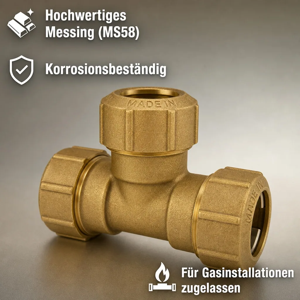 PE Rohr Verbinder, Messing T-Stück 25mm, PE Rohr Verschraubung, Trinkwasser DVGW