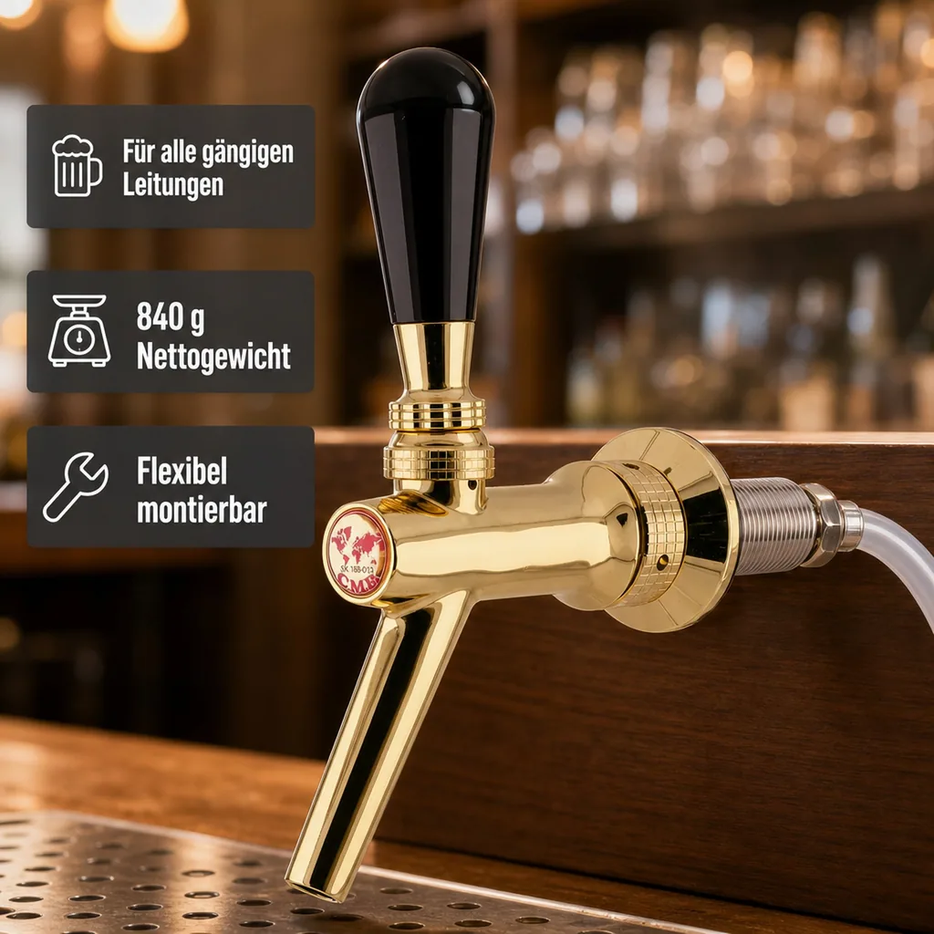 Zapfhahn, Bierzapfhahn, Schankhahn, Kolbenschankhahn aus Chromnickelstahl, Modell - V20, Gold
