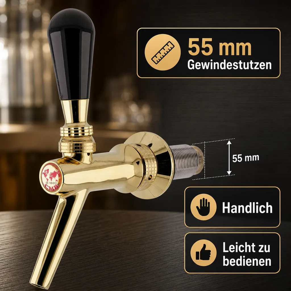 Zapfhahn, Bierzapfhahn, Schankhahn, Kolbenschankhahn aus Chromnickelstahl, Modell - V20, Gold