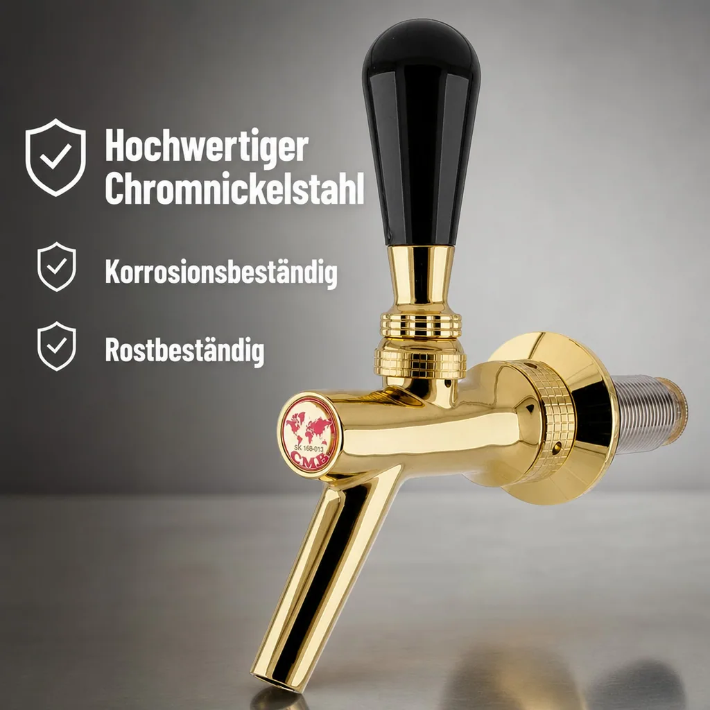 Zapfhahn, Bierzapfhahn, Schankhahn, Kolbenschankhahn aus Chromnickelstahl, Modell - V20, Gold