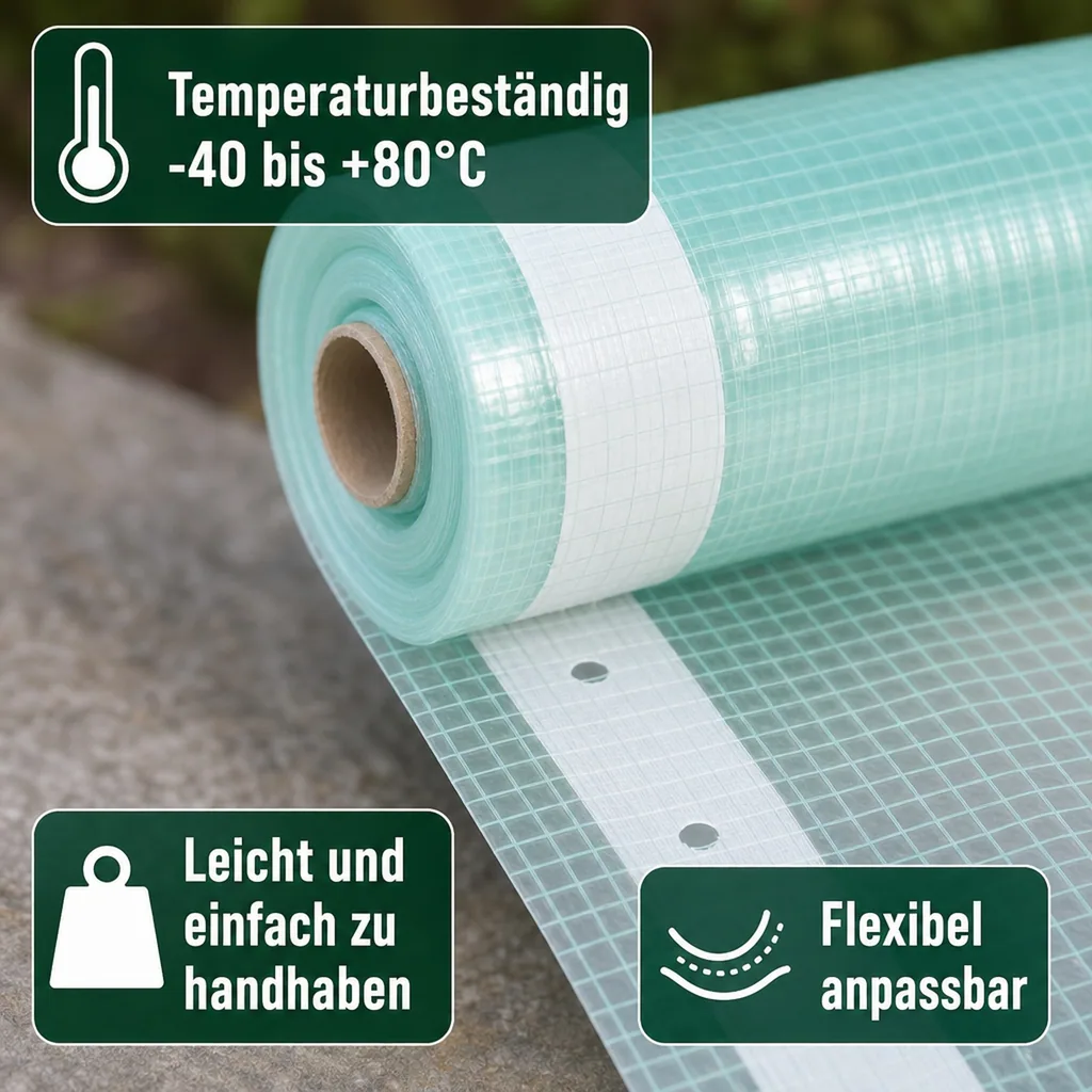 Gitterfolie, Gewächshausfolie, 2 Breite x 5 Meter, Nagelrand, transparente Folie