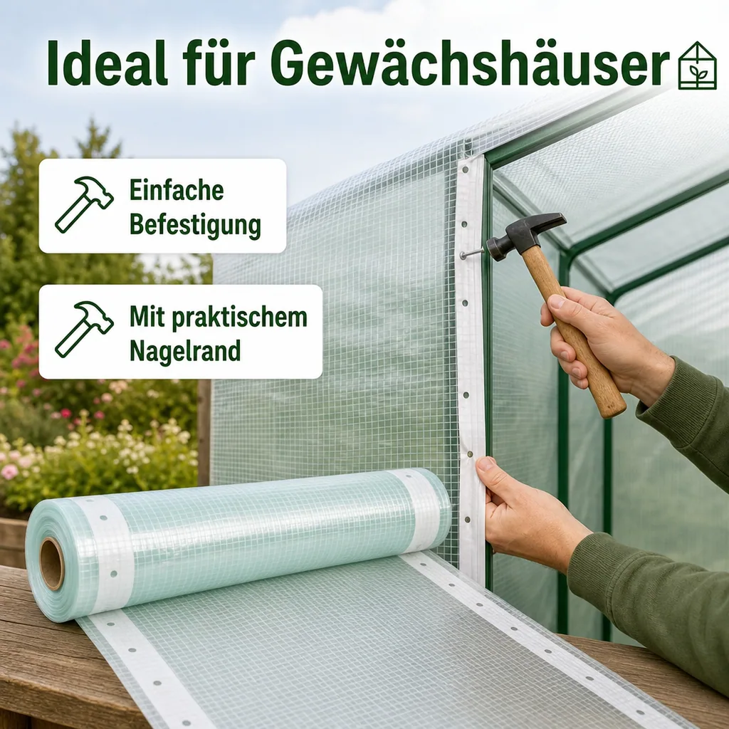 Gitterfolie, Gewächshausfolie, 2 Breite x 5 Meter, Nagelrand, transparente Folie