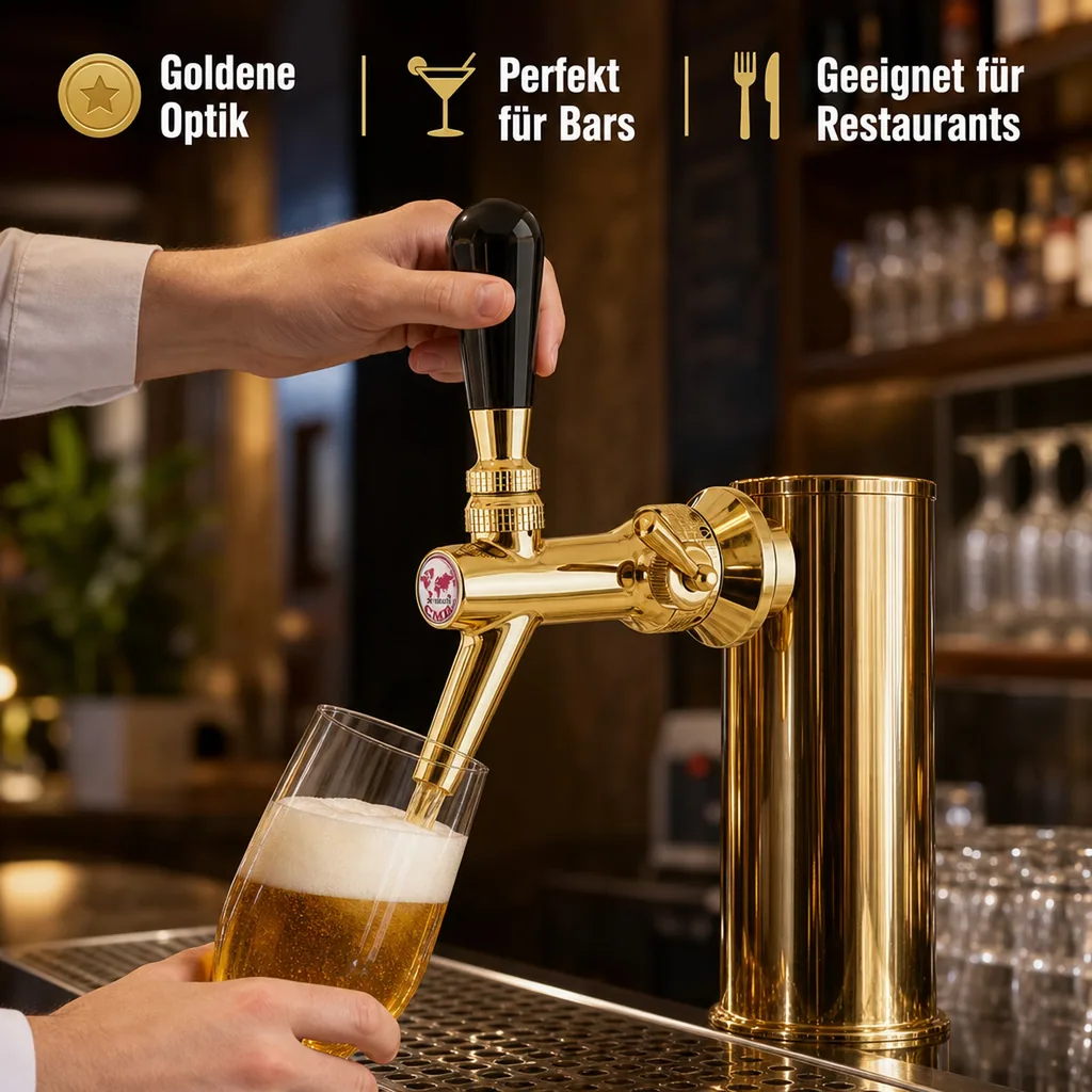Zapfhahn, Kompensatorhahn, Bierzapfhahn, Schankhahn aus Chromnickelstahl, Modell - V10, Gold, Gewindelänge: 55 mm
