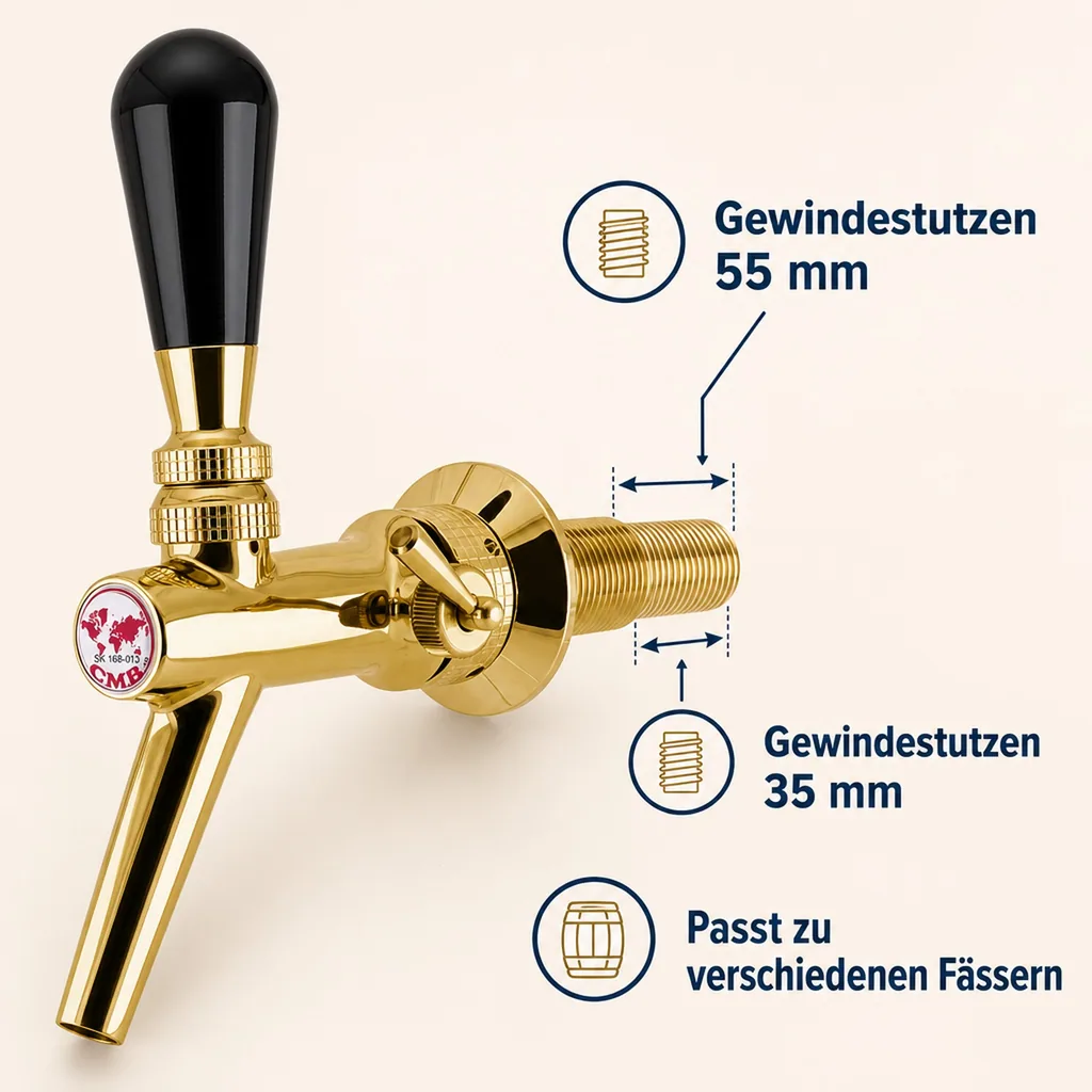 Zapfhahn, Kompensatorhahn, Bierzapfhahn, Schankhahn aus Chromnickelstahl, Modell - V10, Gold, Gewindelänge: 55 mm