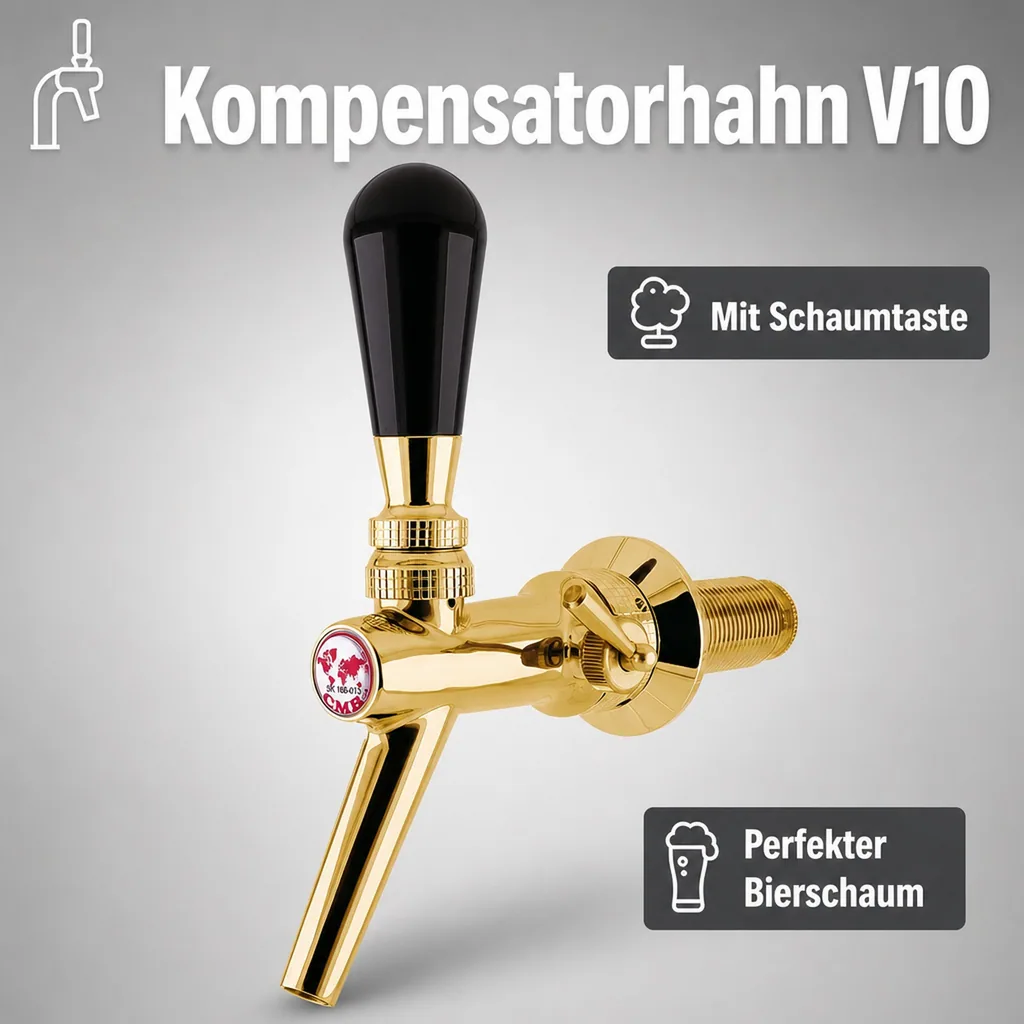 Zapfhahn, Kompensatorhahn, Bierzapfhahn, Schankhahn aus Chromnickelstahl, Modell - V10, Gold, Gewindelänge: 55 mm