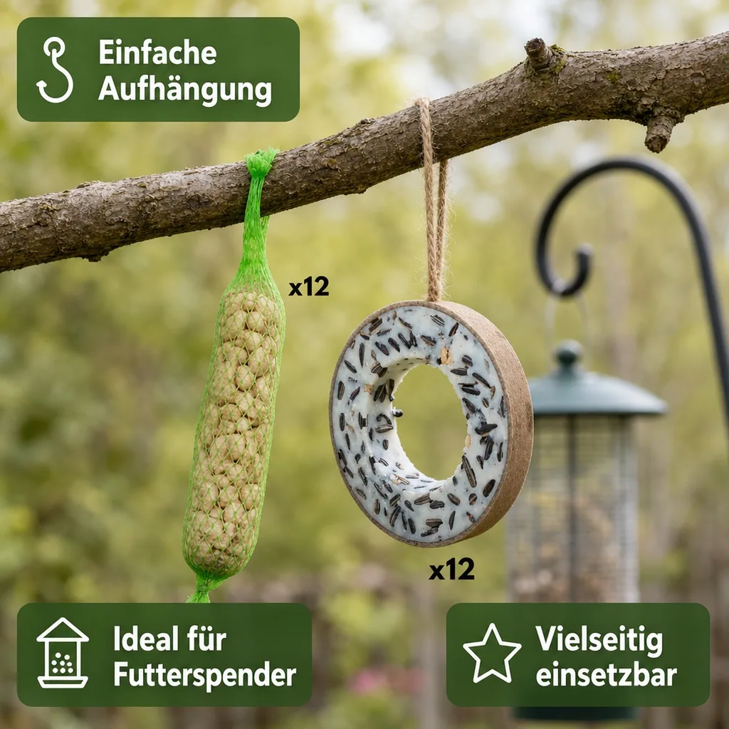 Vogelfutterringe, 12 Meisenringe, 12 Erdnuss-Sticks, Wildvogelfutter