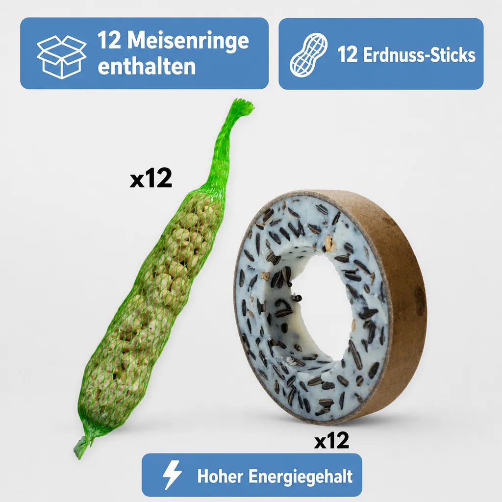 Vogelfutterringe, 12 Meisenringe, 12 Erdnuss-Sticks, Wildvogelfutter