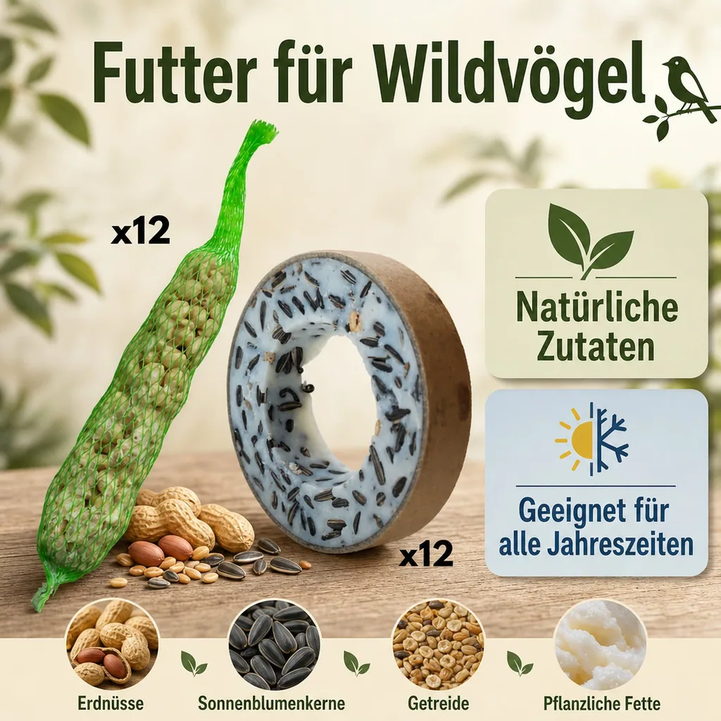 Vogelfutterringe, 12 Meisenringe, 12 Erdnuss-Sticks, Wildvogelfutter