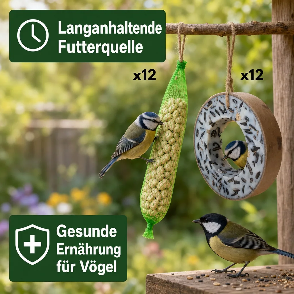 Vogelfutterringe, 12 Meisenringe, 12 Erdnuss-Sticks, Wildvogelfutter