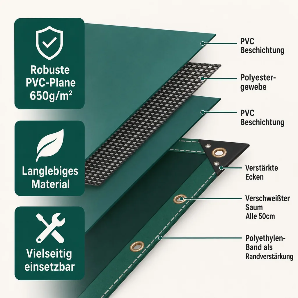 PVC Plane 650g, grün 10 x 12m (120m²), Abdeckplane, LKW Plane, wasserdicht, reißfest