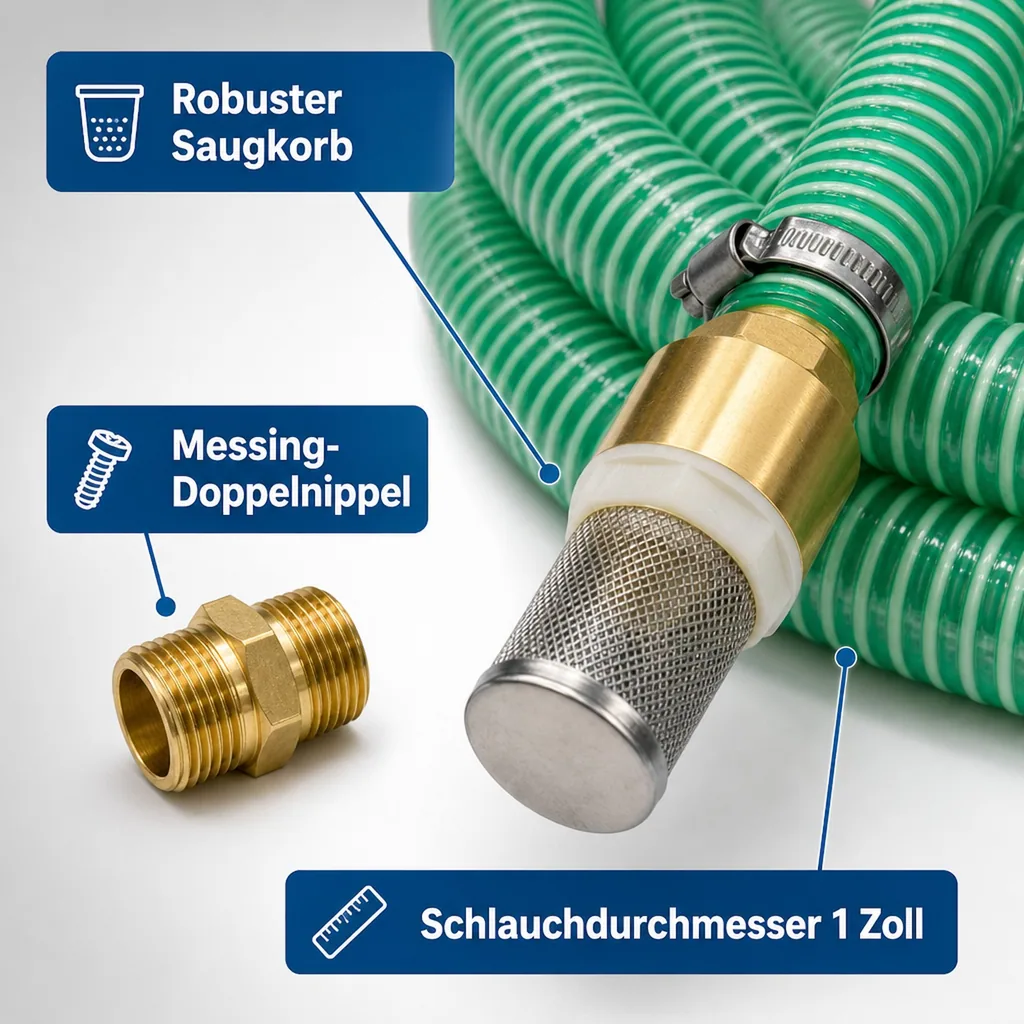 Saug Druckschlauch 1 Zoll Set, Saugkorb mit Rückschlagventil, Doppelnippel Messing - 1m