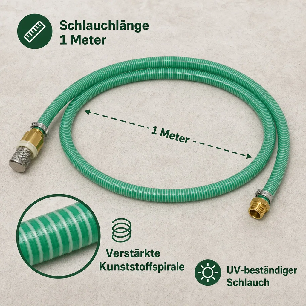 Saug Druckschlauch 1 Zoll Set, Saugkorb mit Rückschlagventil, Doppelnippel Messing - 1m