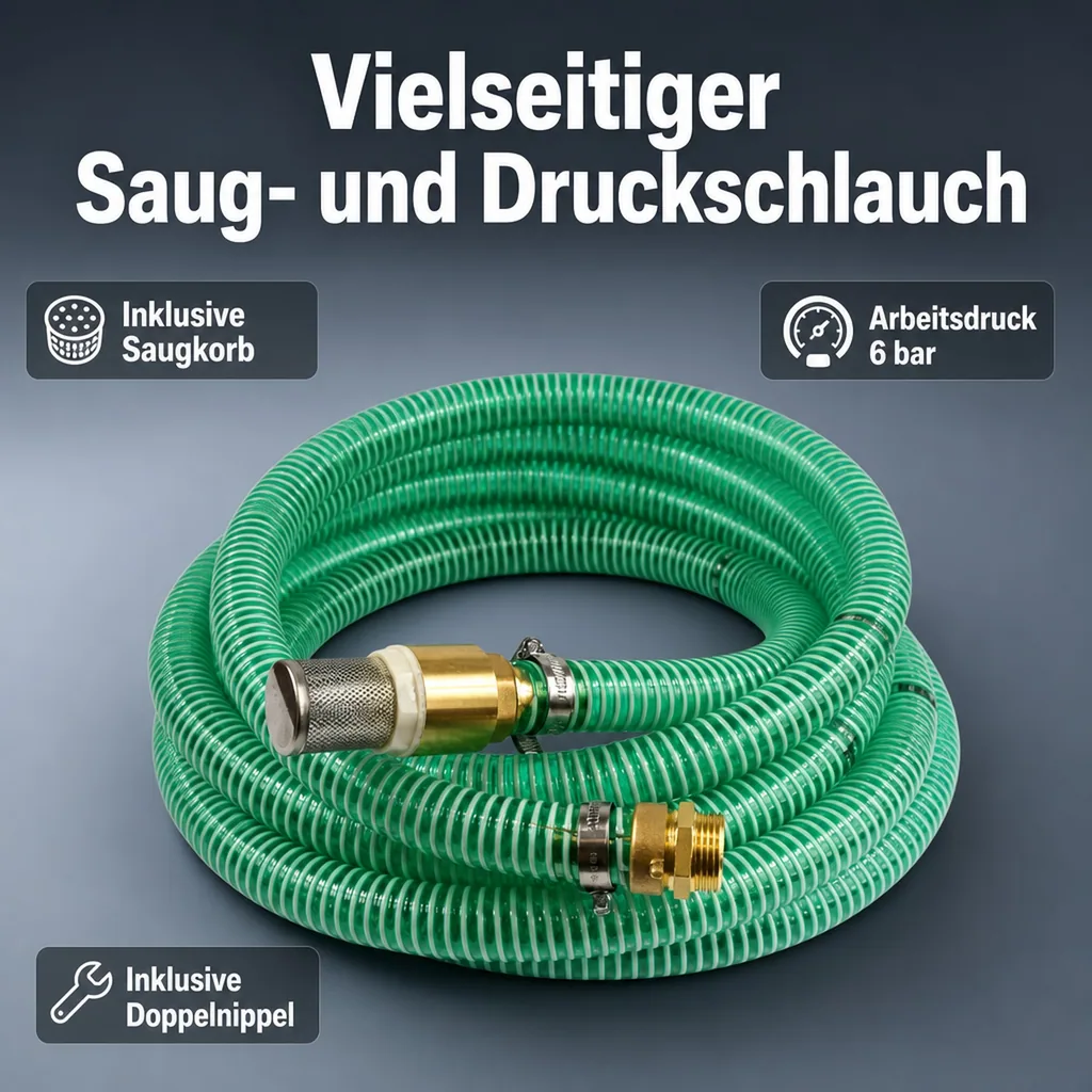 1"/25mm Saug- + Druckschlauch mit Saugkorb, Rückschlagventil + 1" AG Doppelnippel 20m