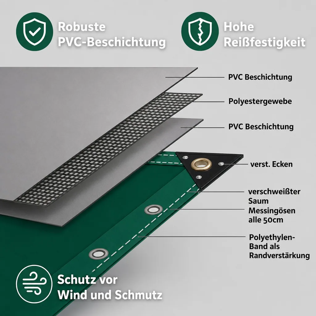 Abdeckplane 650g/m², Gewebeplane, grün, wasserdicht, reißfest, PVC, 4x5m (20m²)