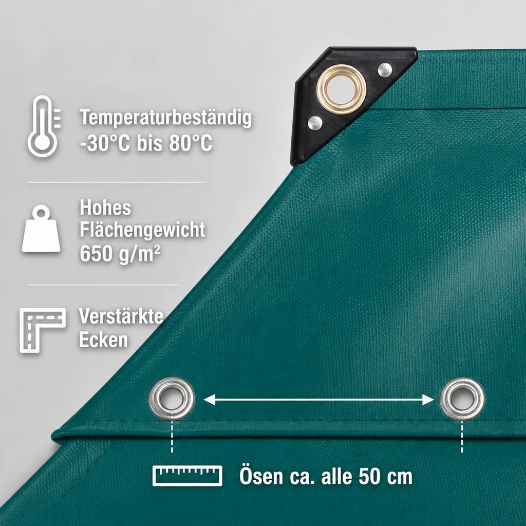 Abdeckplane 650g/m², PVC Gewebeplane, grün, wasserdicht, reißfest, UV-stabil, 6x8m (48m²)
