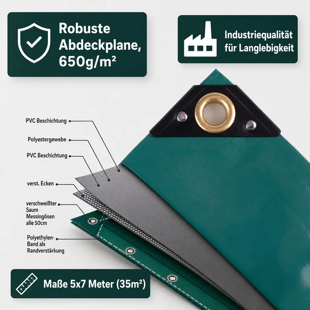 Abdeckplane 650g/m², 5x7m (35m²), grün, wasserdicht, reißfest