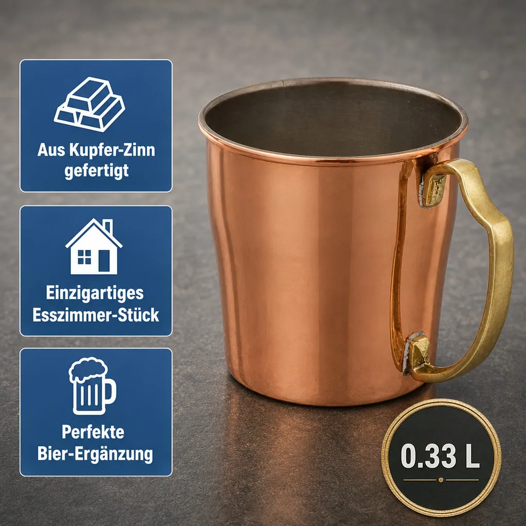 Bierkrug, Bierseidel - 0.33 L, Kupfer-Zinn, Handgefertigt