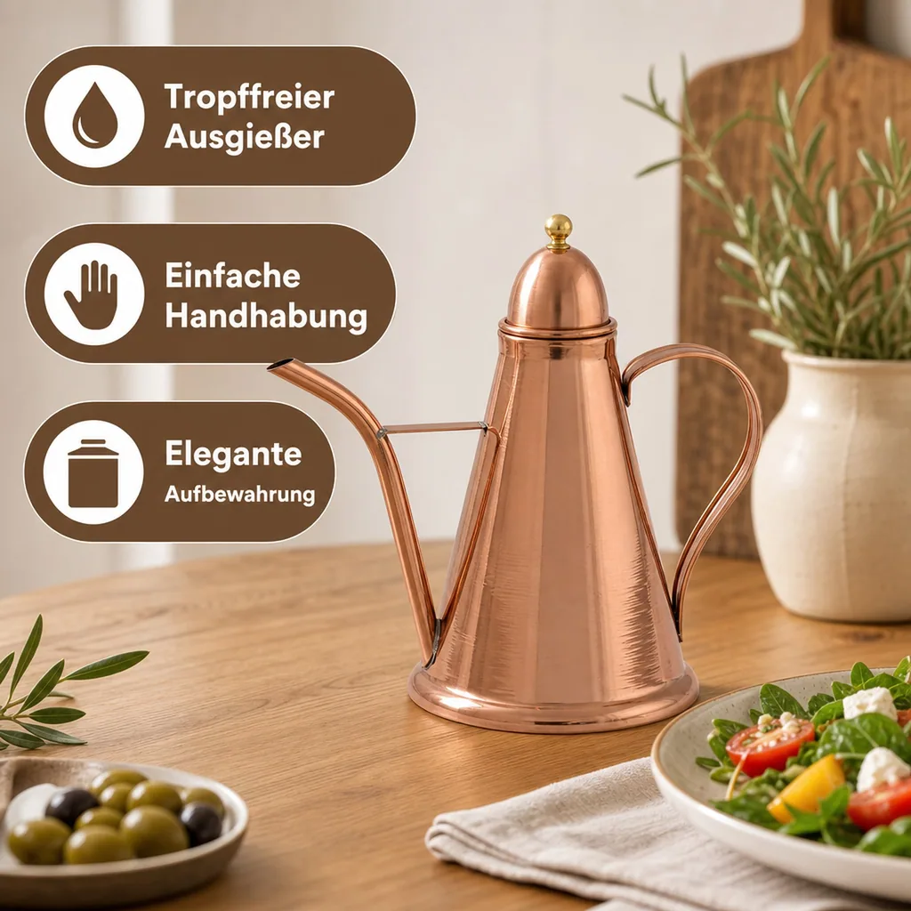 Konischer Oil Dispenser, Ölflasche aus Kupfer und Messing, 1L