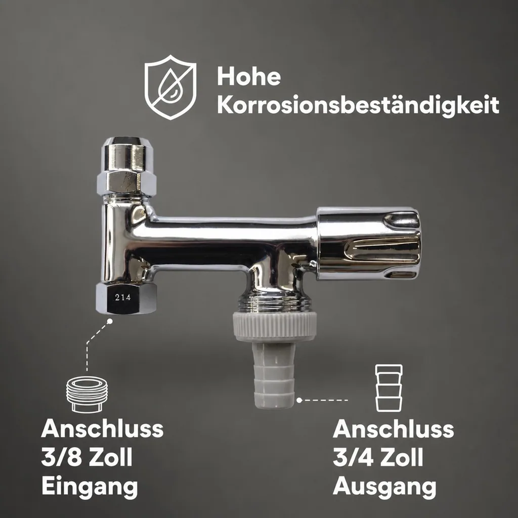 Doppeleckventil, Eckventil 3/8 Zoll, 10 mm, 3/4 Zoll x 53 mm, Comfortgriff