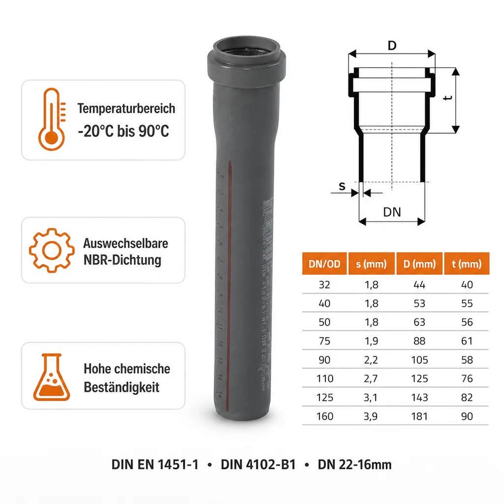 HT Rohr 50mm, Abwasserrohr, DN 50, 500mm, Hausentwässerung