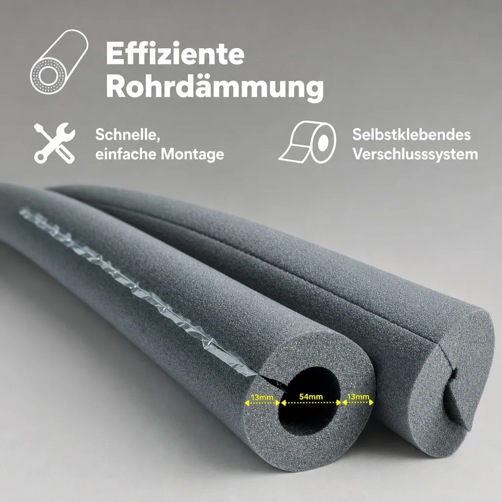 Rohrisolierung selbstklebend, Isolierschlauch Ø 54mm, 13mm Dämmung, 2x1m