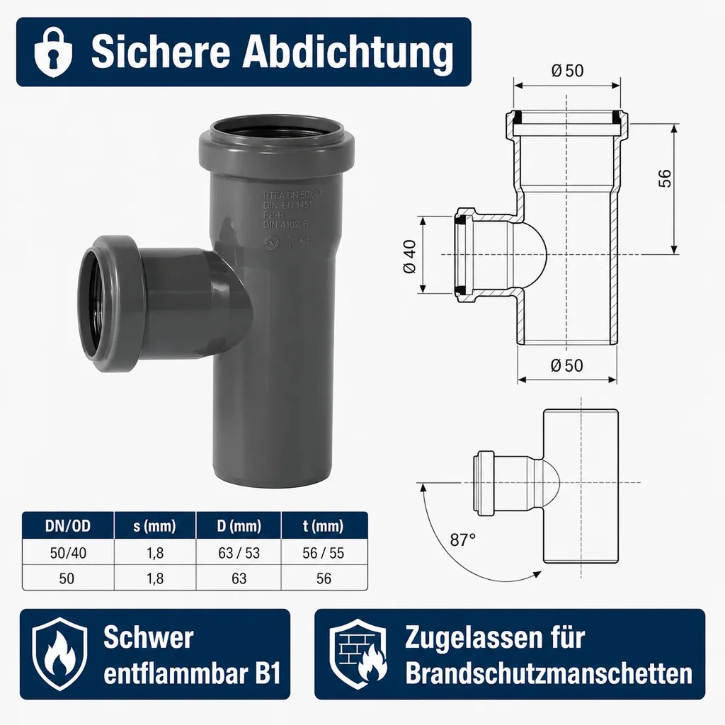 HT Abzweig DN50/40 87 Grad, Abwasserrohr, Hausentwässerung