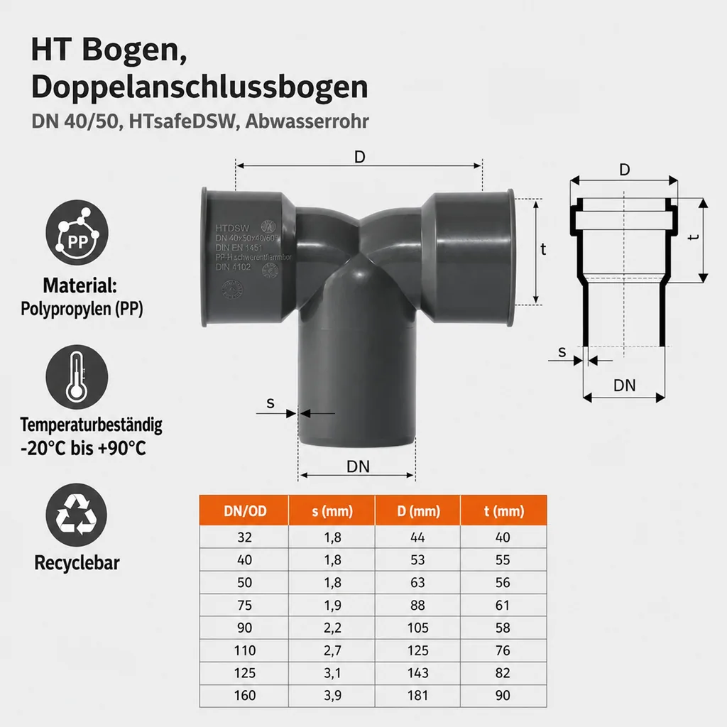 HT Bogen, Doppelanschlussbogen DN 40/50, HTsafeDSW, Abwasserrohr