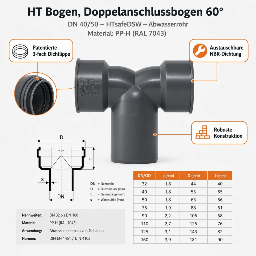 HT Bogen, Doppelanschlussbogen DN 40/50, HTsafeDSW, Abwasserrohr