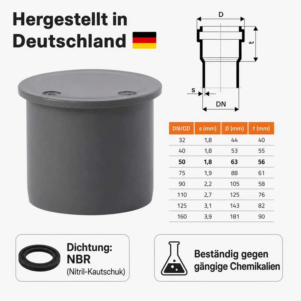 HT Muffenstopfen DN 50, Abwasserrohr, HT Rohrstopfen
