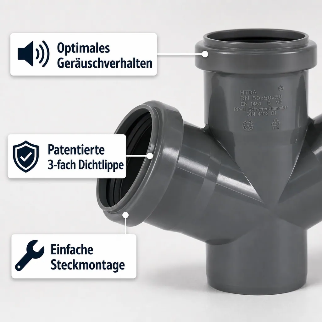 HT Rohr 50, HT Abzweig 50 mm, Doppelabzweig 67 Grad