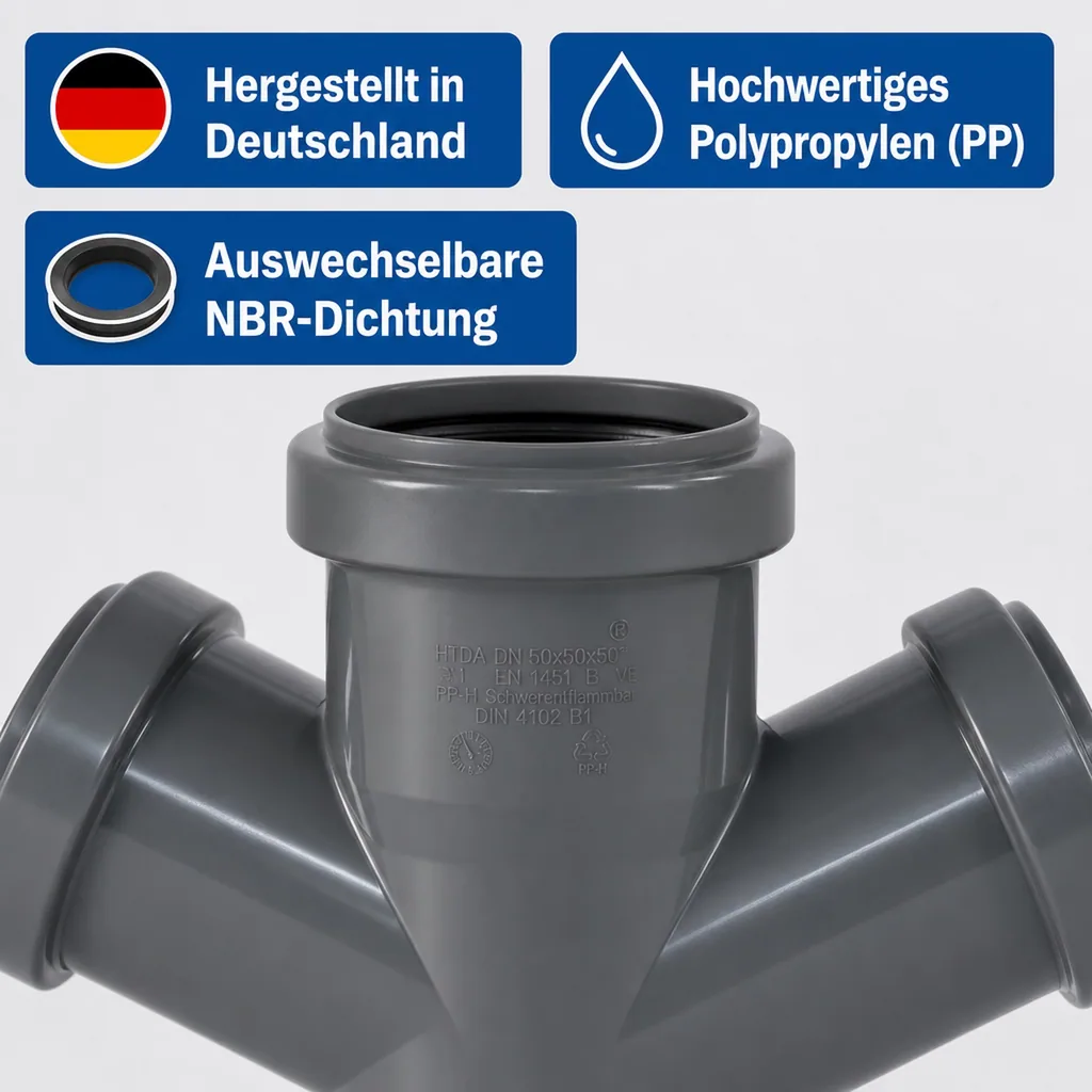 HT Rohr 50, HT Abzweig 50 mm, Doppelabzweig 67 Grad