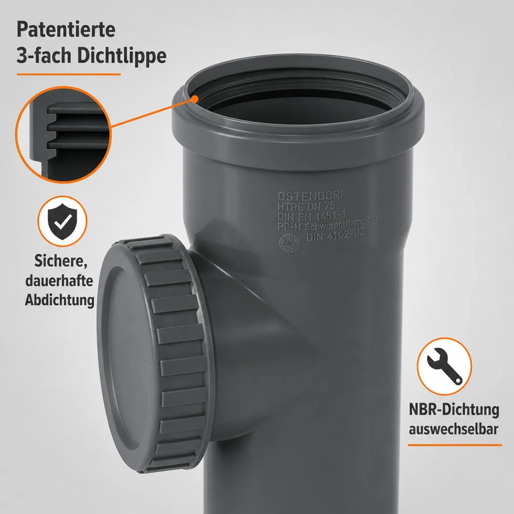 HT Rohr 75, HT Reinigungsrohr, Abwasserrohr DN 75, Polypropylen