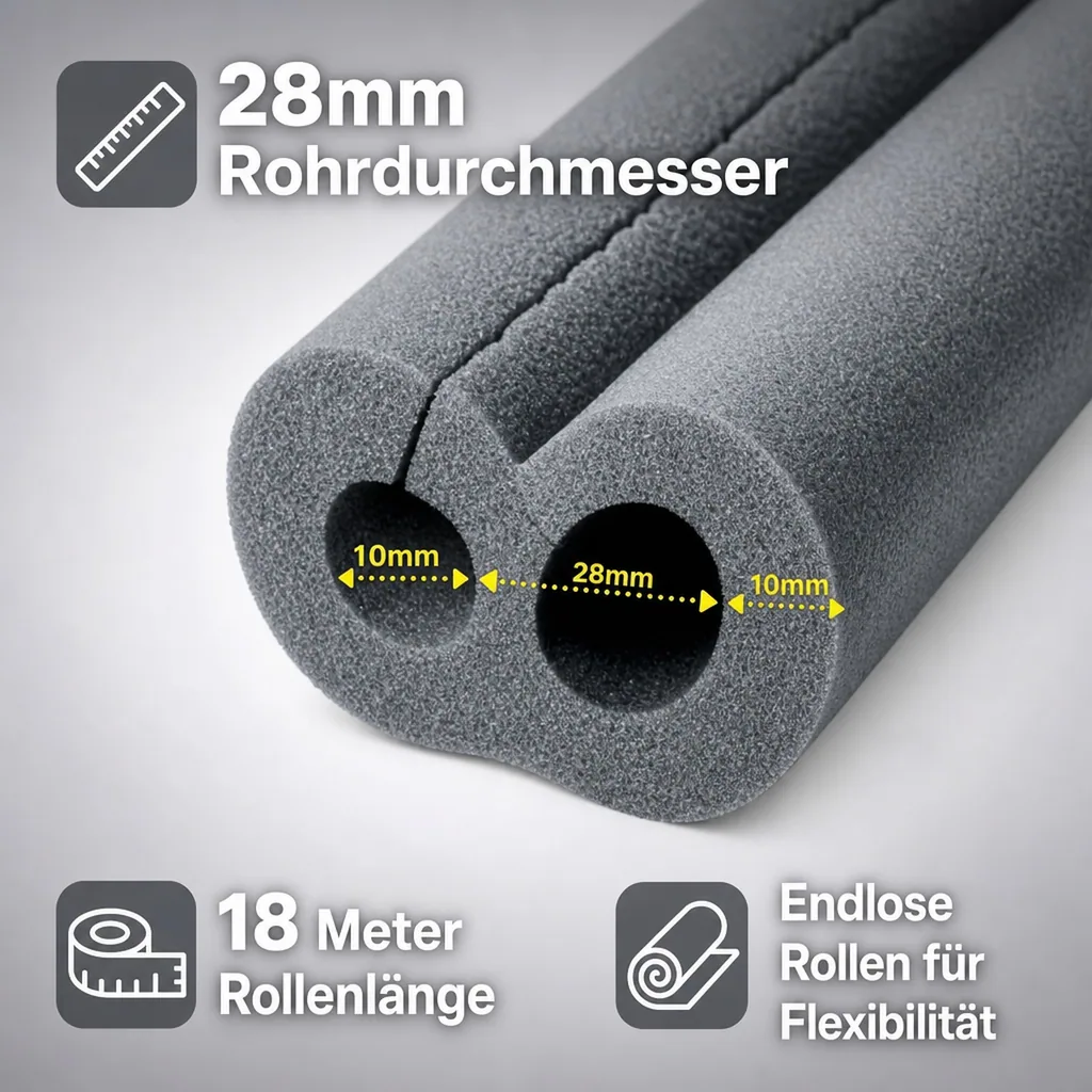 Gummidämmung, 10mm Dämmung, Rohrdämmung, 28mm x 10mm, endlose Rollen, 18m
