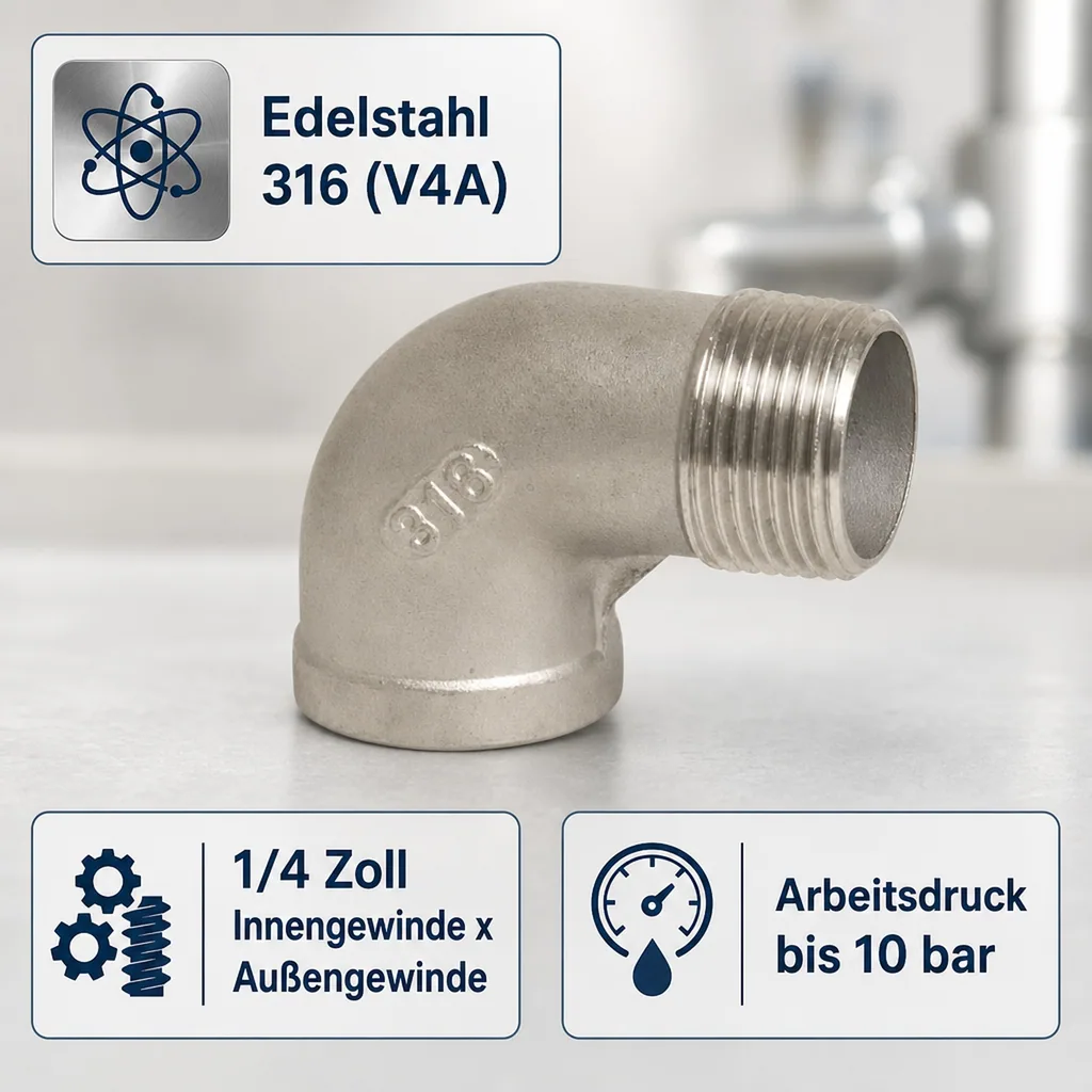 Edelstahl Winkel 90 Grad, Gewindefitting, V4A, 1/4 Zoll IG x AG