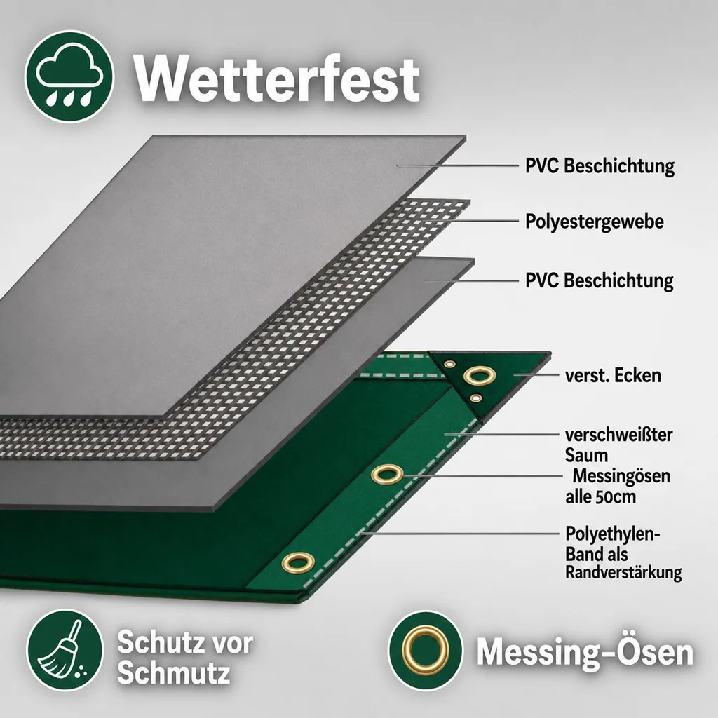 Abdeckplane 650g/m² (15m²), 3x5m, PVC, grün, wasserdicht