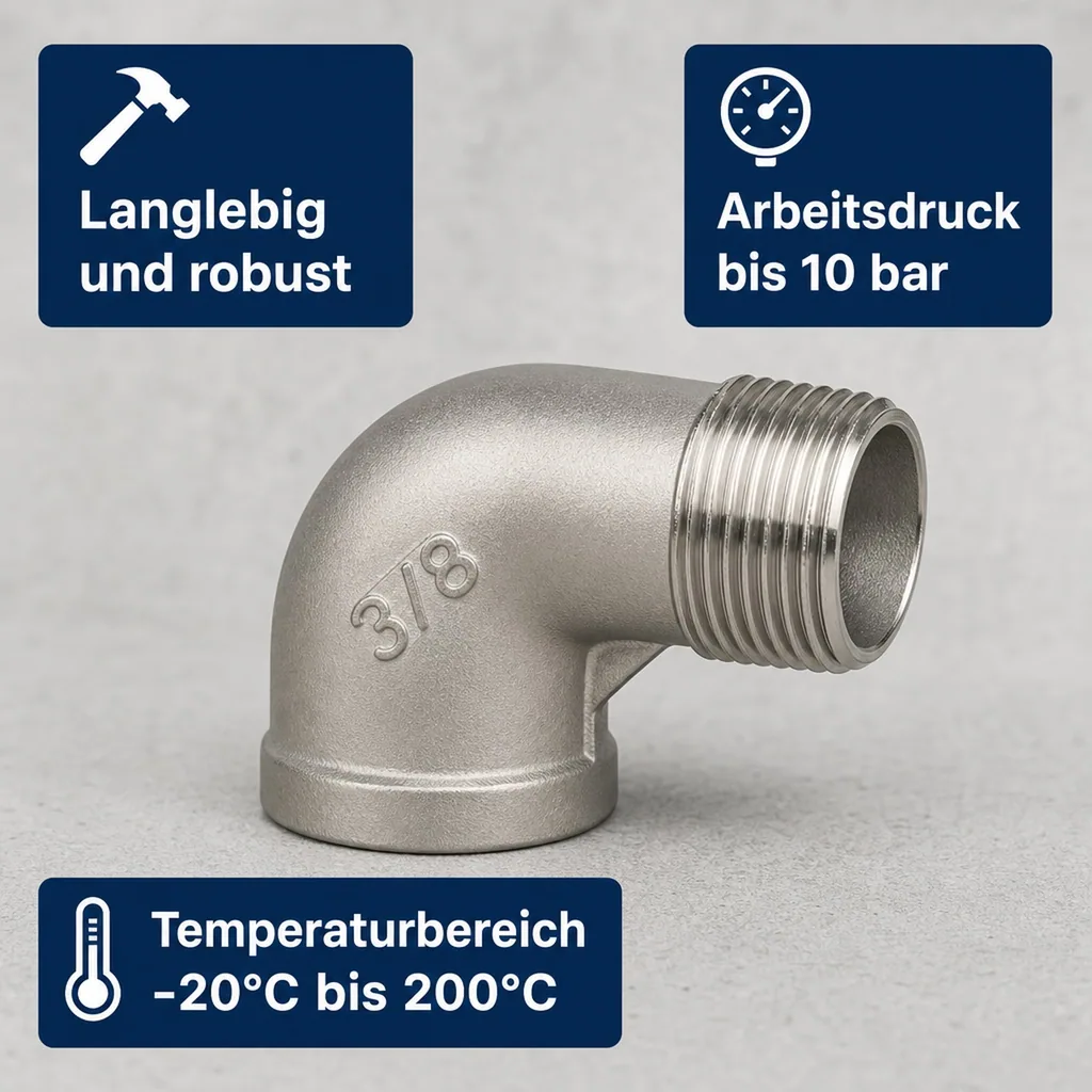 Edelstahl Winkel, Gewindefitting, 90° Winkel, 3/8 Zoll IG/AG